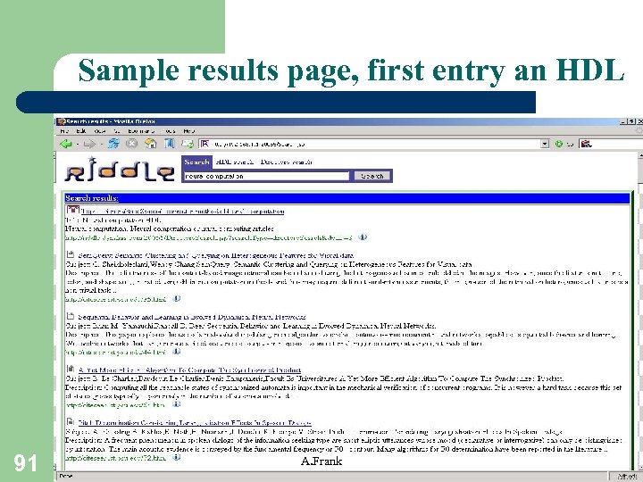 Sample results page, first entry an HDL 91 A. Frank 