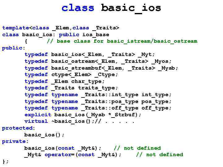 class basic_ios template<class _Elem, class _Traits> class basic_ios: public ios_base { // base class