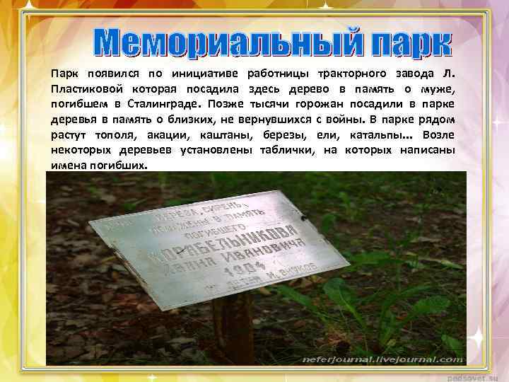 Парк появился по инициативе работницы тракторного завода Л. Пластиковой которая посадила здесь дерево в