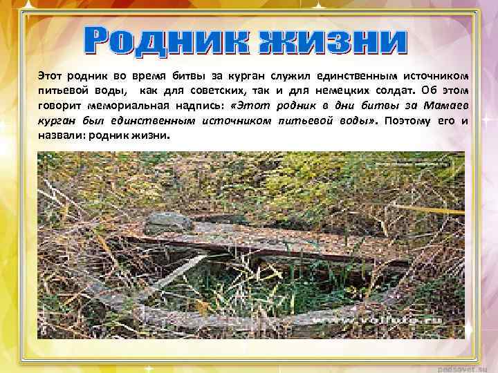 Этот родник во время битвы за курган служил единственным источником питьевой воды, как для