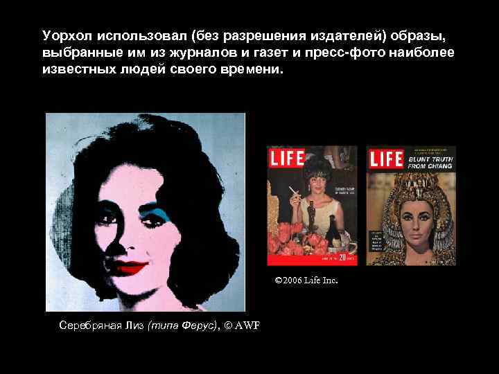 Уорхол использовал (без разрешения издателей) образы, выбранные им из журналов и газет и пресс-фото