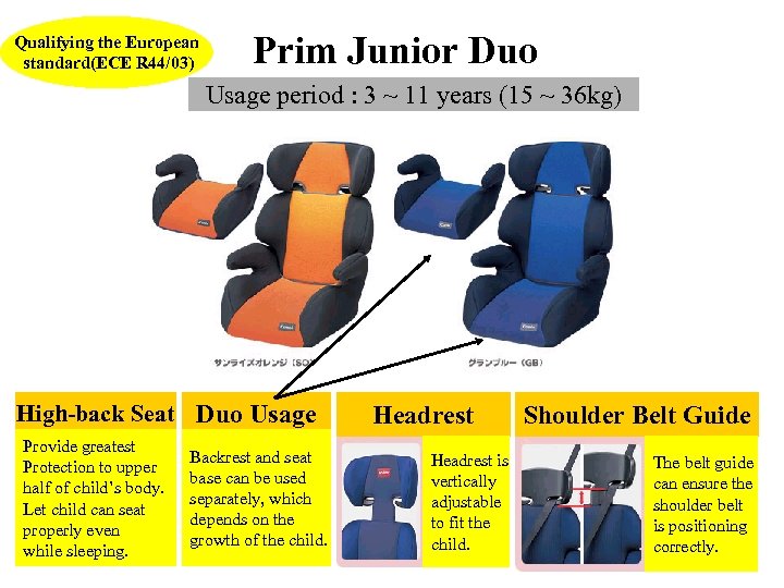 Qualifying the European standard(ECE R 44/03) Prim Junior Duo Usage period : 3 ~