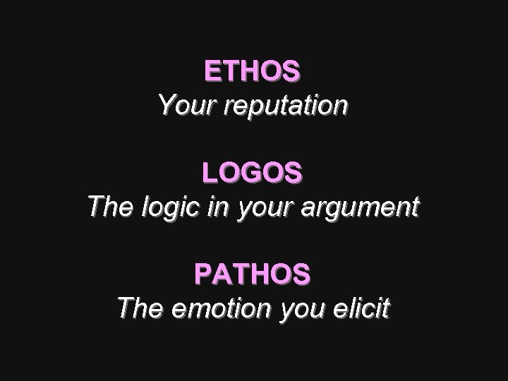 ETHOS Your reputation LOGOS The logic in your argument PATHOS The emotion you elicit