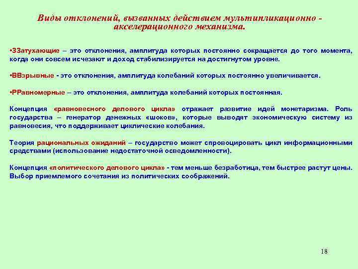 Виды отклонений, вызванных действием мультипликационно акселерационного механизма. • ЗЗатухающие – это отклонения, амплитуда которых