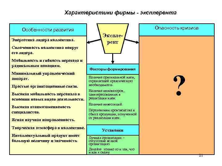 Характеристики фирмы - эксплерента Особенности развития Энергетика лидера коллектива. Опасность кризиса Эксплерент Сплоченность коллектива