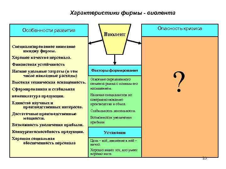 Характеристики фирмы - виолента Особенности развития Виолент Опасность кризиса Специализированное внимание имиджу фирмы. Хорошее