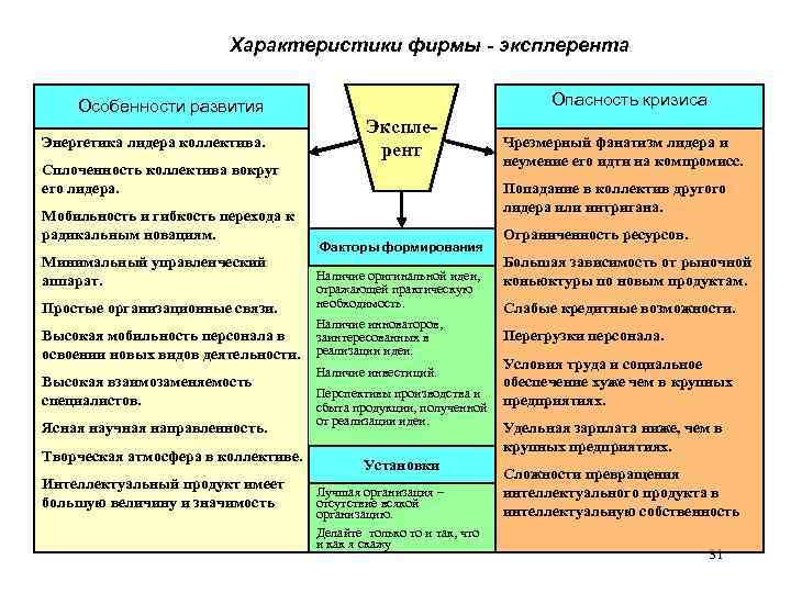 Характеристики фирмы - эксплерента Особенности развития Энергетика лидера коллектива. Опасность кризиса Эксплерент Сплоченность коллектива