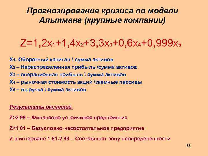 Прогнозирование кризиса по модели Альтмана (крупные компании) Z=1, 2 x 1+1, 4 x 2+3,