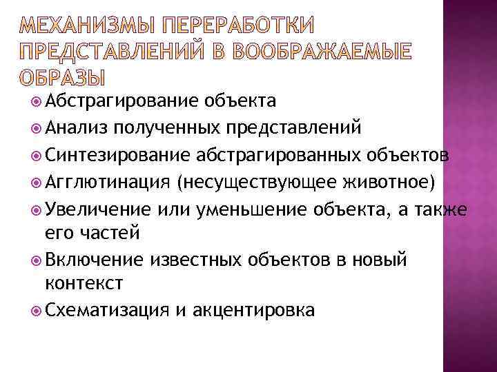  Абстрагирование объекта Анализ полученных представлений Синтезирование абстрагированных объектов Агглютинация (несуществующее животное) Увеличение или