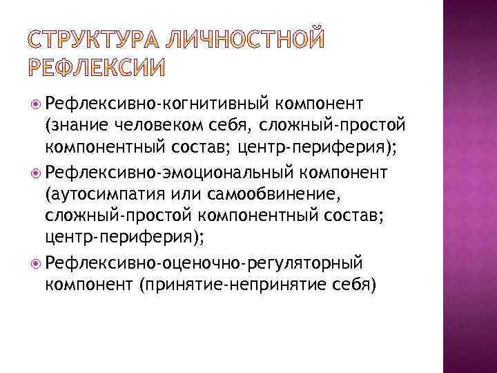  Рефлексивно-когнитивный компонент (знание человеком себя, сложный-простой компонентный состав; центр-периферия); Рефлексивно-эмоциональный компонент (аутосимпатия или