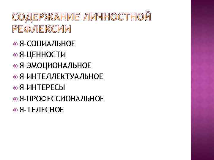  Я-СОЦИАЛЬНОЕ Я-ЦЕННОСТИ Я-ЭМОЦИОНАЛЬНОЕ Я-ИНТЕЛЛЕКТУАЛЬНОЕ Я-ИНТЕРЕСЫ Я-ПРОФЕССИОНАЛЬНОЕ Я-ТЕЛЕСНОЕ 