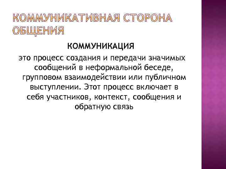 КОММУНИКАЦИЯ это процесс создания и передачи значимых сообщений в неформальной беседе, групповом взаимодействии или