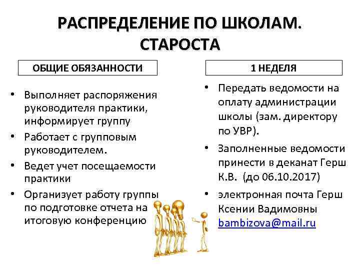 РАСПРЕДЕЛЕНИЕ ПО ШКОЛАМ. СТАРОСТА ОБЩИЕ ОБЯЗАННОСТИ 1 НЕДЕЛЯ • Выполняет распоряжения руководителя практики, информирует