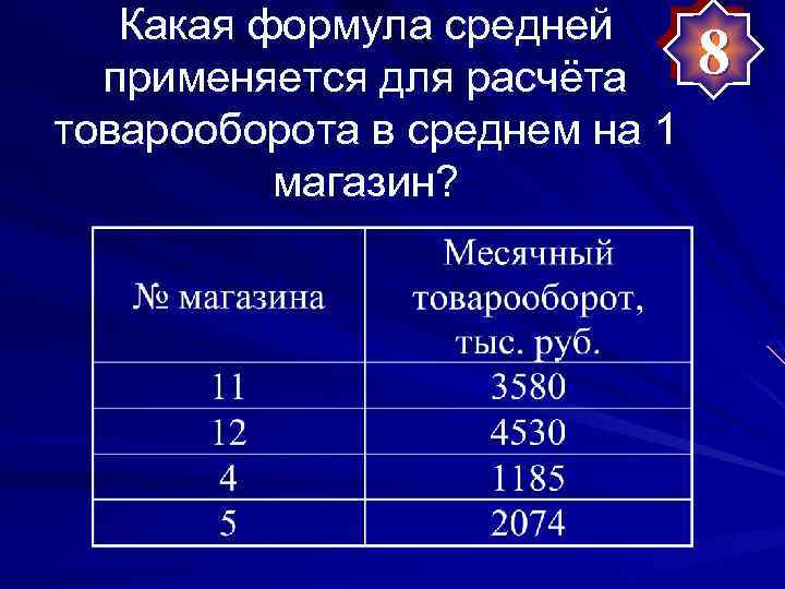 Какая формула средней применяется для расчёта товарооборота в среднем на 1 магазин? 8 