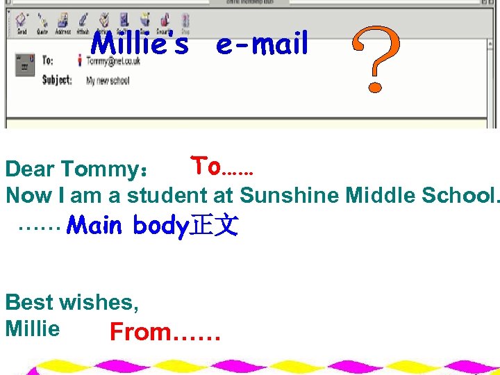 Millie’s e-mail Dear Tommy： To…… Now I am a student at Sunshine Middle School.