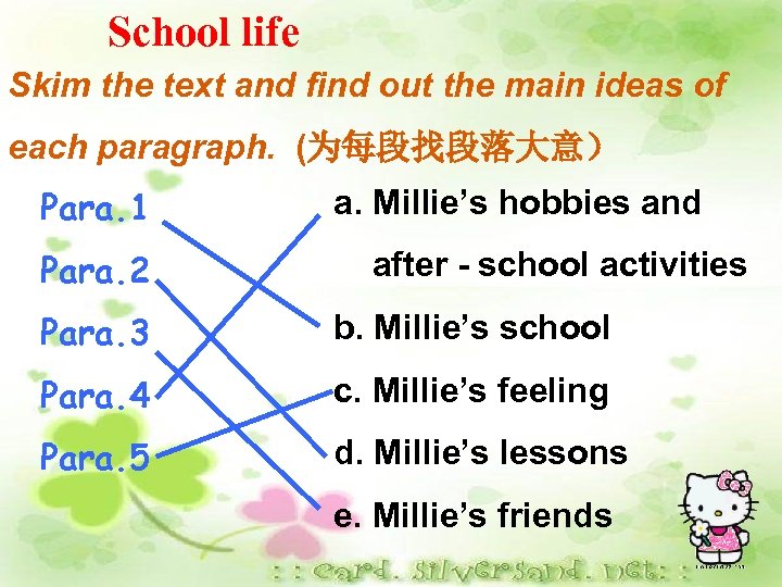School life Skim the text and find out the main ideas of each paragraph.
