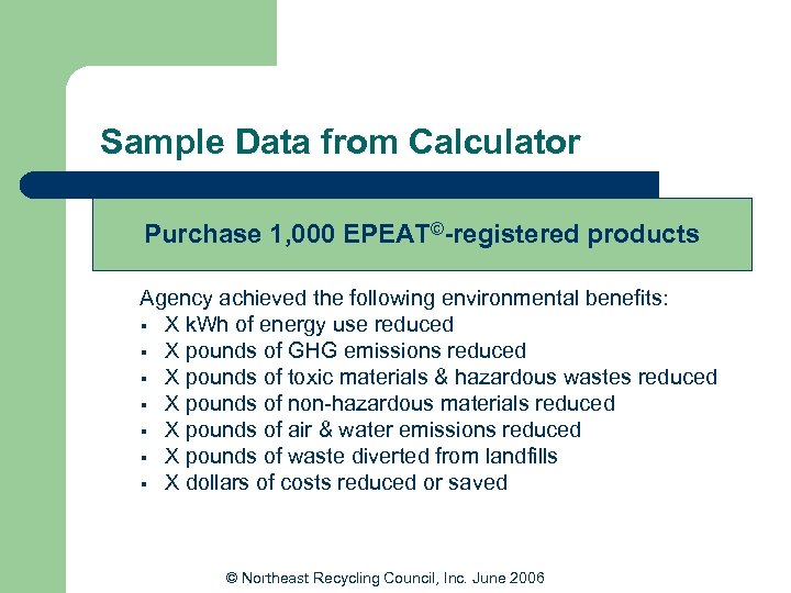 Sample Data from Calculator Purchase 1, 000 EPEAT©-registered products Agency achieved the following environmental
