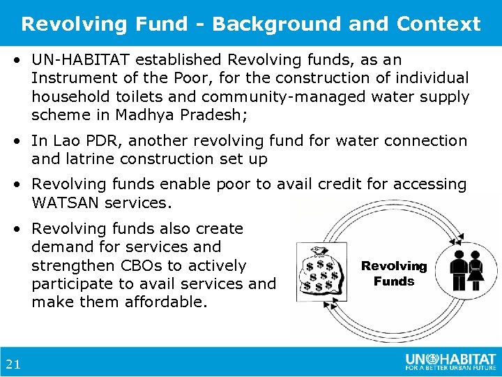 Revolving Fund - Background and Context • UN-HABITAT established Revolving funds, as an Instrument