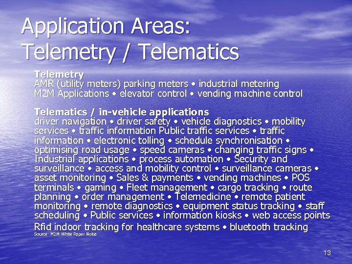 Application Areas: Telemetry / Telematics Telemetry AMR (utility meters) parking meters • industrial metering