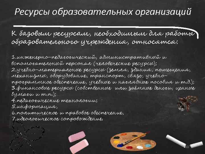Ресурсы образовательных организаций К базовым ресурсам, необходимым для работы образовательного учреждения, относятся: 1. инженерно-педагогический,