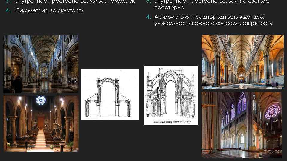 3. Внутреннее пространство: узкое, полумрак 4. Симметрия, замкнутость 3. Внутреннее пространство: залито светом, просторно