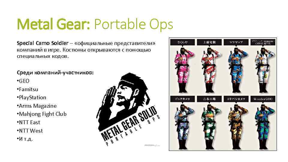 Metal Gear: Portable Ops Special Camo Soldier – «официальные представители» компаний в игре. Костюмы
