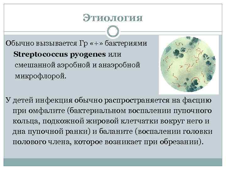 Этиология Обычно вызывается Гр «+» бактериями Streptococcus pyogenes или смешанной аэробной и анаэробной микрофлорой.