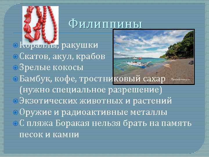 Филиппины Кораллы, ракушки Скатов, акул, крабов Зрелые кокосы Бамбук, кофе, тростниковый сахар (нужно специальное