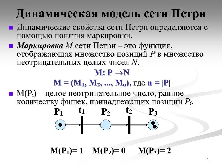 Динамическая модель сети Петри n n n Динамические свойства сети Петри определяются с помощью