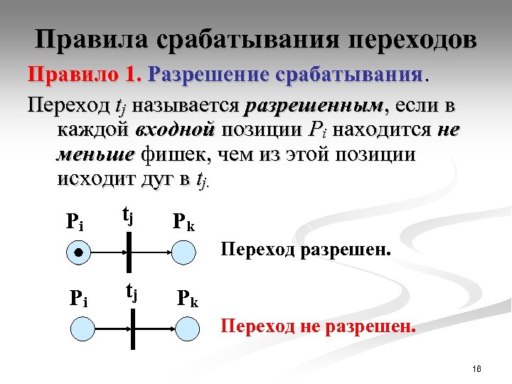 Правила срабатывания переходов Правило 1. Разрешение срабатывания. Переход tj называется разрешенным, если в каждой