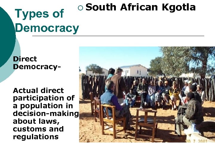 ¡ South Types of Democracy Direct Democracy- Actual direct participation of a population in