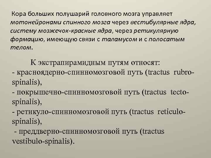 Кора больших полушарий головного мозга управляет мотонейронами спинного мозга через вестибулярные ядра, систему мозжечок-красные