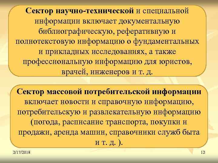 Сектор научно-технической и специальной информации включает документальную библиографическую, реферативную и полнотекстовую информацию о фундаментальных