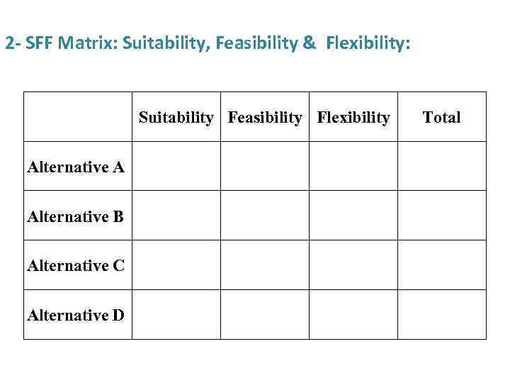 2 - SFF Matrix: Suitability, Feasibility & Flexibility: Suitability Feasibility Flexibility Alternative A Alternative