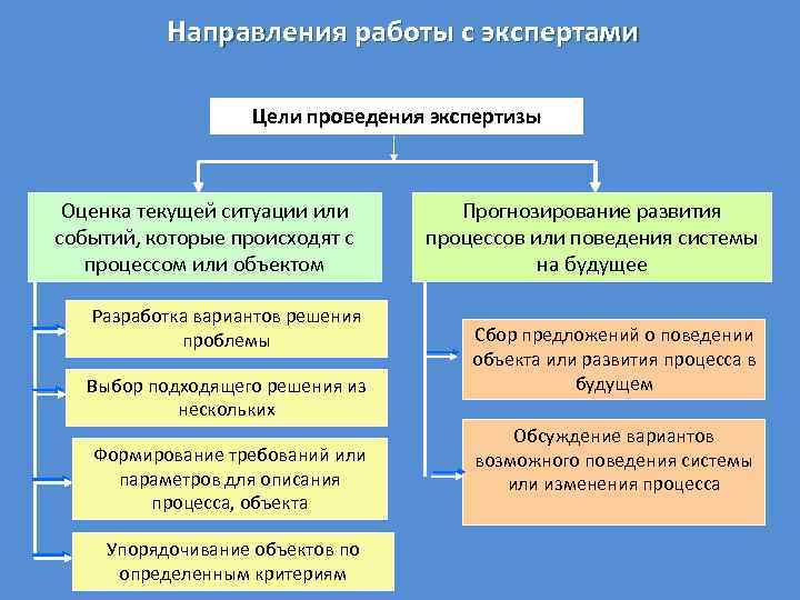 Направления работы с экспертами Цели проведения экспертизы Оценка текущей ситуации или событий, которые происходят