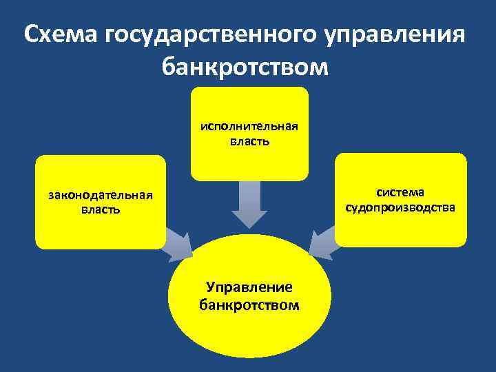 Схема государственного управления банкротством исполнительная власть система судопроизводства законодательная власть Управление банкротством 