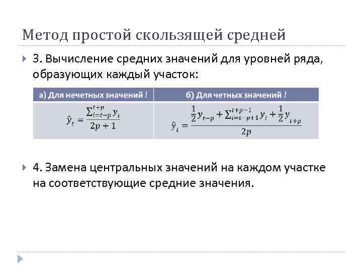 Метод простой скользящей средней 3. Вычисление средних значений для уровней ряда, образующих каждый участок: