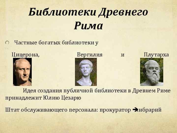 Библиотеки Древнего Рима Частные богатых библиотеки у Цицерона, Вергилия и Плутарха Идея создания публичной