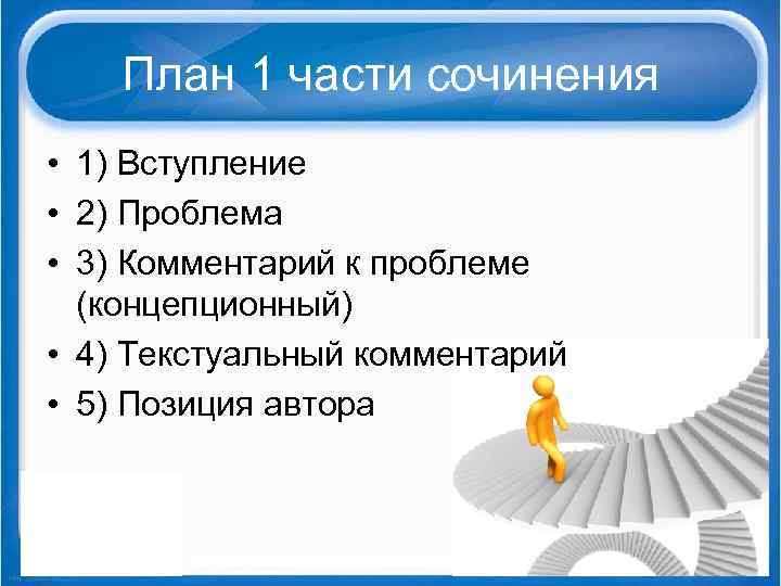 План 1 части сочинения • 1) Вступление • 2) Проблема • 3) Комментарий к