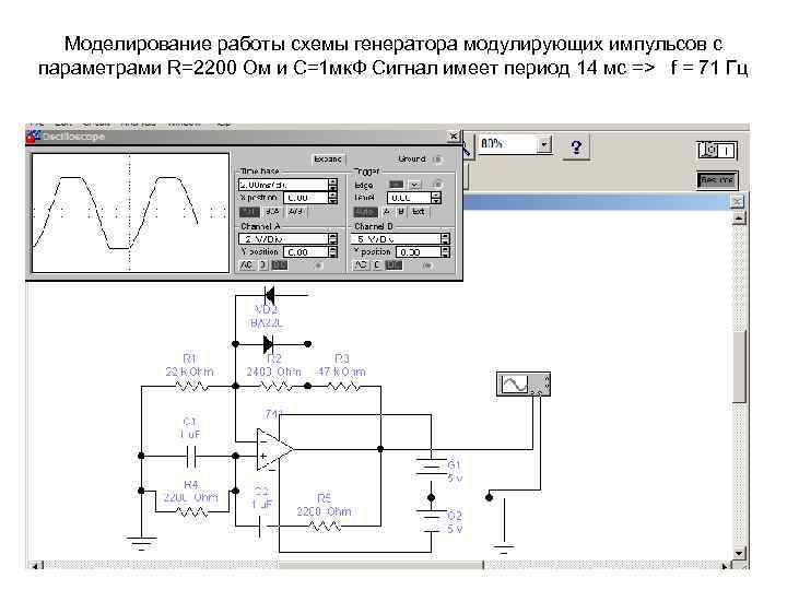 Моделирование работы схемы генератора модулирующих импульсов с параметрами R=2200 Ом и С=1 мк. Ф