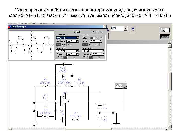Моделирование работы схемы генератора модулирующих импульсов с параметрами R=33 к. Ом и С=1 мк.