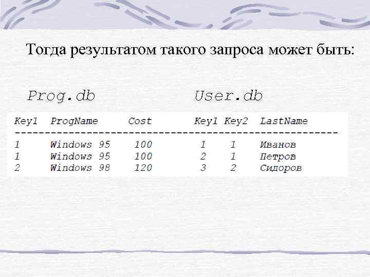 Тогда результатом такого запроса может быть: Prog. db User. db 