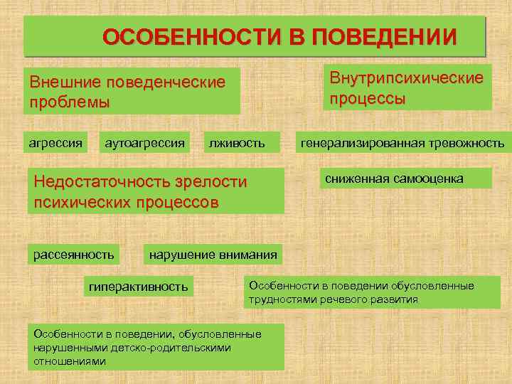 ОСОБЕННОСТИ В ПОВЕДЕНИИ Внутрипсихические процессы Внешние поведенческие проблемы агрессия аутоагрессия лживость Недостаточность зрелости психических