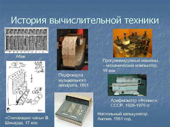 История вычислительной техники Абак Перфокарта музыкального аппарата, 1801 Программируемые машины – механический компьютер, 19