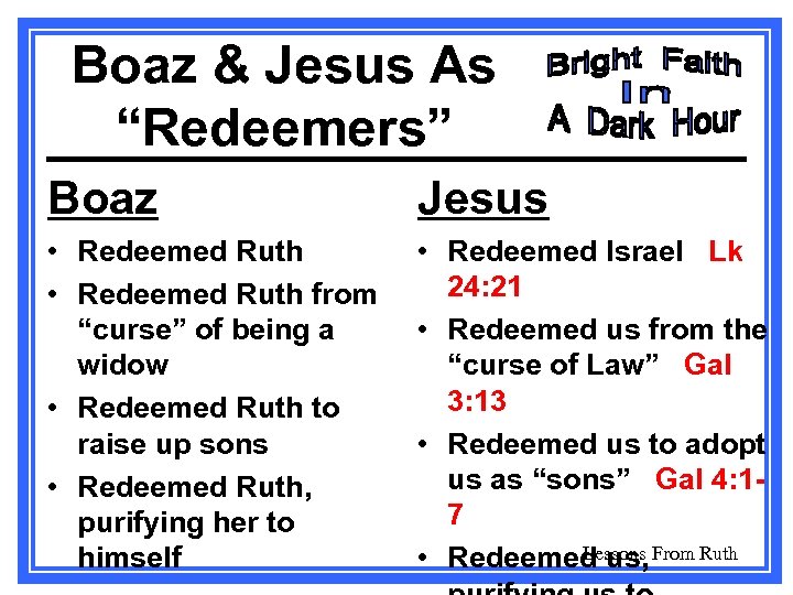 Boaz & Jesus As “Redeemers” Boaz Jesus • Redeemed Ruth from “curse” of being