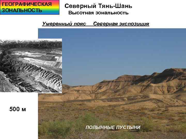 ГЕОГРАФИЧЕСКАЯ ЗОНАЛЬНОСТЬ Северный Тянь-Шань Высотная зональность Умеренный пояс Северная экспозиция 500 м ПОЛЫННЫЕ ПУСТЫНИ