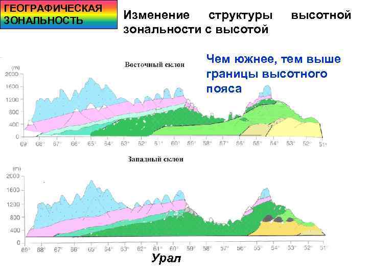 ГЕОГРАФИЧЕСКАЯ ЗОНАЛЬНОСТЬ Изменение структуры зональности с высотой высотной Чем южнее, тем выше границы высотного