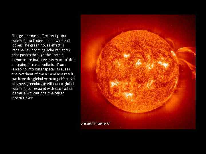 The greenhouse effect and global warming both correspond with each other. The green house