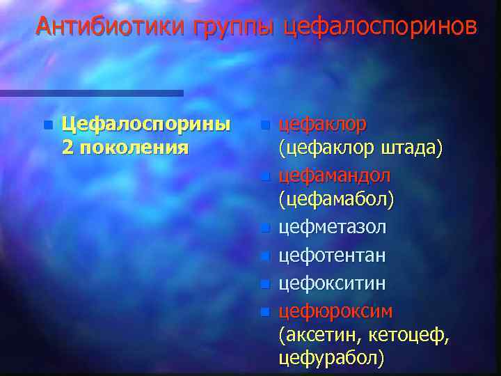 Антибиотики группы цефалоспоринов n Цефалоспорины 2 поколения n n n цефаклор (цефаклор штада) цефамандол