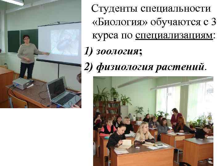 Студенты специальности «Биология» обучаются с 3 курса по специализациям: 1) зоология; 2) физиология растений.